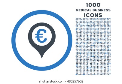Euro Map Marker rounded vector bicolor icon with 1000 medical business icons. Set style is flat pictograms, smooth blue colors, white background.