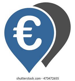 Euro Map Markers icon. Vector style is bicolor flat iconic symbol with rounded angles, cobalt and gray colors, white background.
