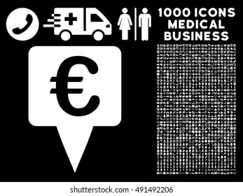 Euro Map Pointer icon with 1000 medical commercial white vector pictographs. Design style is flat symbols, black background.