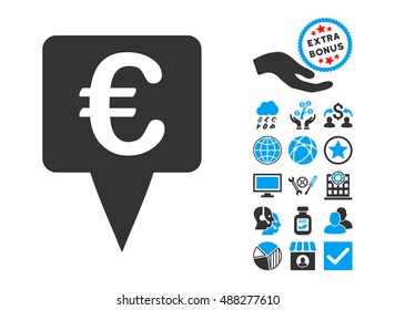 Euro Map Pointer icon with bonus pictograph collection. Vector illustration style is flat iconic bicolor symbols, blue and gray colors, white background.