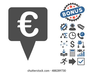 Euro Map Pointer icon with bonus elements. Vector illustration style is flat iconic bicolor symbols, cobalt and gray colors, white background.