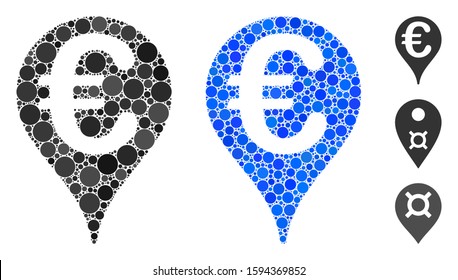 Euro map pointer mosaic of filled circles in variable sizes and color tinges, based on Euro map pointer icon. Vector filled circles are combined into blue collage.