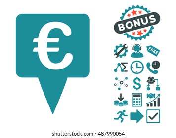 Euro Map Pointer pictograph with bonus images. Vector illustration style is flat iconic bicolor symbols, soft blue colors, white background.