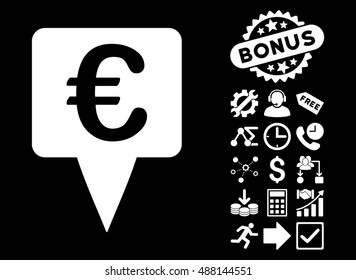Euro Map Pointer pictograph with bonus clip art. Vector illustration style is flat iconic symbols, white color, black background.