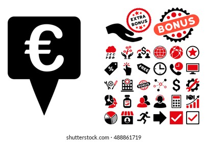 Euro Map Pointer pictograph with bonus clip art. Vector illustration style is flat iconic bicolor symbols, intensive red and black colors, white background.