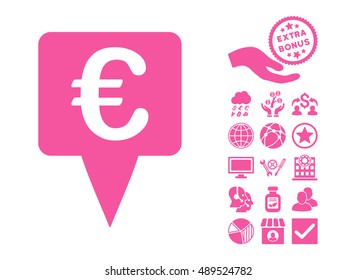 Euro Map Pointer pictograph with bonus symbols. Vector illustration style is flat iconic symbols, pink color, white background.