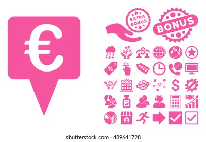 Euro Map Pointer pictograph with bonus pictures. Vector illustration style is flat iconic symbols, pink color, white background.