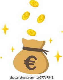 Euro mark written on drawstring bag with falling coins.
