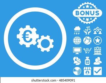 Euro Mechanics icon with bonus elements. Vector illustration style is flat iconic symbols, white color, blue background.