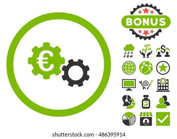 Euro Mechanics icon with bonus elements. Vector illustration style is flat iconic bicolor symbols, eco green and gray colors, white background.