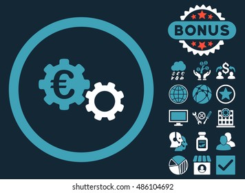 Euro Mechanics icon with bonus images. Vector illustration style is flat iconic bicolor symbols, blue and white colors, dark blue background.