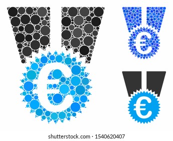 Euro medal mosaic of circle elements in variable sizes and color tinges, based on Euro medal icon. Vector circle elements are united into blue composition.