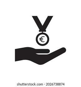Euro medal on hand icon design isolated on white background. Vector illustration