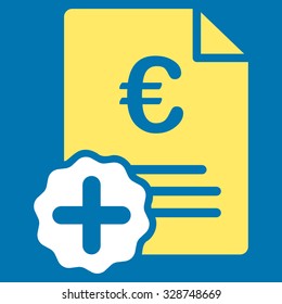 Euro Medical Invoice vector icon. Style is bicolor flat symbol, yellow and white colors, rounded angles, blue background.