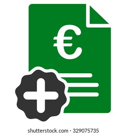 Euro Medical Invoice vector icon. Style is bicolor flat symbol, green and gray colors, rounded angles, white background.