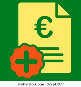 Euro Medical Invoice vector icon. Style is bicolor flat symbol, orange and yellow colors, rounded angles, green background.