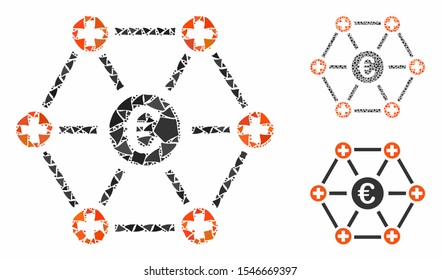 Euro medical network mosaic of rugged elements in variable sizes and color tinges, based on Euro medical network icon. Vector rough elements are grouped into mosaic.