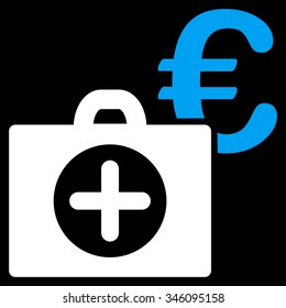 Euro Medical Payment vector icon. Style is bicolor flat symbol, blue and white colors, rounded angles, black background.