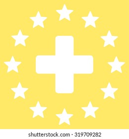 Euro Medicine vector icon. Style is flat symbol, white color, rounded angles, yellow background.