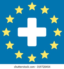 Euro Medicine vector icon. Style is bicolor flat symbol, yellow and white colors, rounded angles, blue background.