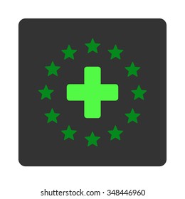 Euro Medicine vector icon. Style is flat rounded square dark gray button, green symbol, white background.