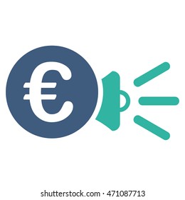 Euro Megaphone Ads icon. Vector style is bicolor flat iconic symbol with rounded angles, cobalt and cyan colors, white background.