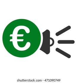 Euro Megaphone Ads icon. Vector style is bicolor flat iconic symbol with rounded angles, green and gray colors, white background.