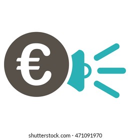 Euro Megaphone Ads icon. Vector style is bicolor flat iconic symbol with rounded angles, grey and cyan colors, white background.