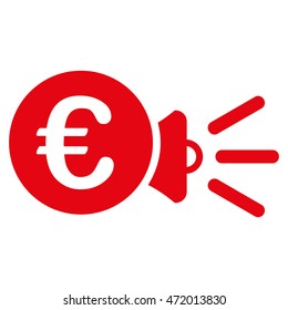 Euro Megaphone Ads icon. Vector style is flat iconic symbol with rounded angles, red color, white background.