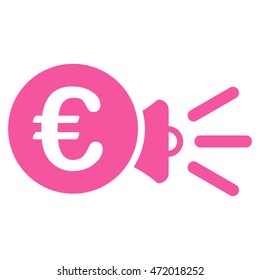 Euro Megaphone Ads icon. Vector style is flat iconic symbol with rounded angles, pink color, white background.