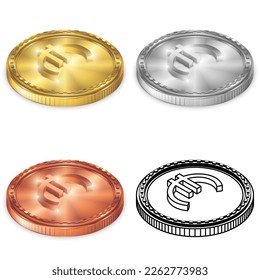 Euro Member Countries (EUR) 2.5D Isometric Projection View Currency Sign Symbol Vector Design Gold, Silver, Copper (Bronze) and Silhouette Coin Isolated on White Background