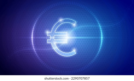 Euro Member Countries (EUR) Sign Symbol Futuristic Hologram Neon Glow Cybernetic Digital Circuit Currency Cryptocurrency Exchange Trading Backdrop Background Design Vector