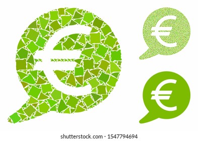 Euro message balloon composition of joggly elements in variable sizes and shades, based on Euro message balloon icon. Vector unequal dots are composed into composition.