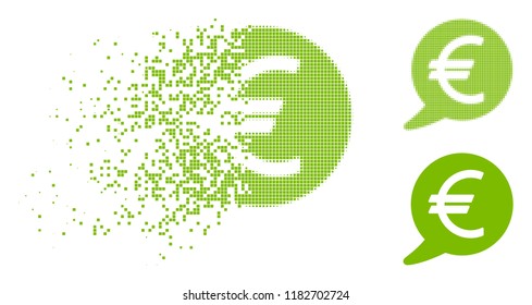 Euro message balloon icon in dispersed, dotted halftone and solid variants. Pixels are composed into vector dissolving Euro message balloon icon. Disintegration effect uses rectangular scintillas.