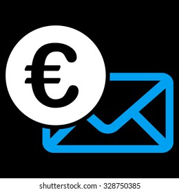 Euro Message vector icon. Style is bicolor flat symbol, blue and white colors, rounded angles, black background.