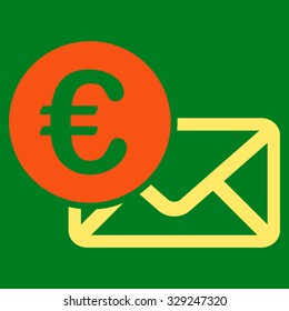 Euro Message vector icon. Style is bicolor flat symbol, orange and yellow colors, rounded angles, green background.