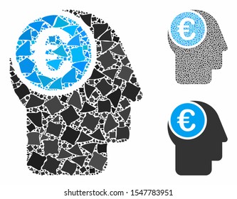 Euro mind mosaic of abrupt elements in different sizes and shades, based on euro mind icon. Vector unequal elements are composed into mosaic. Euro mind icons collage with dotted pattern.