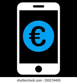 Euro Mobile Balance vector icon. Style is bicolor flat symbol, blue and white colors, rounded angles, black background.