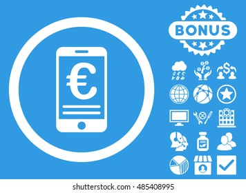 Euro Mobile Bank Account icon with bonus images. Vector illustration style is flat iconic symbols, white color, blue background.