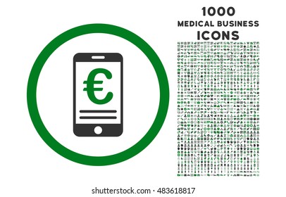 Euro Mobile Bank Account rounded vector bicolor icon with 1000 medical business icons. Set style is flat pictograms, green and gray colors, white background.