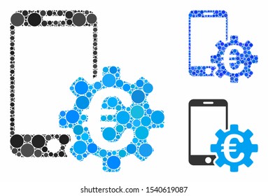 Euro mobile bank configuration composition of filled circles in different sizes and color tinges, based on Euro mobile bank configuration icon. Vector filled circles are organized into blue collage.