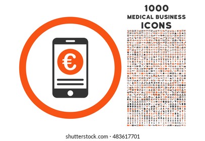 Euro Mobile Banking rounded vector bicolor icon with 1000 medical business icons. Set style is flat pictograms, orange and gray colors, white background.