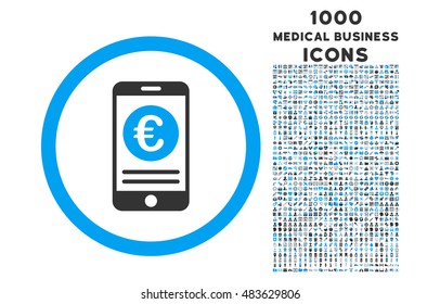Euro Mobile Banking rounded vector bicolor icon with 1000 medical business icons. Set style is flat pictograms, blue and gray colors, white background.