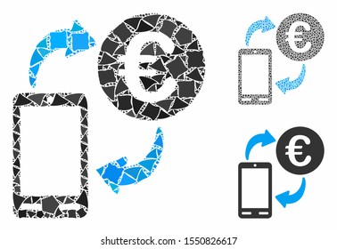 Euro mobile exchange composition of inequal parts in various sizes and color tints, based on Euro mobile exchange icon. Vector humpy parts are grouped into composition.