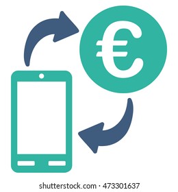 Euro Mobile Exchange icon. Vector style is bicolor flat iconic symbol with rounded angles, cobalt and cyan colors, white background.