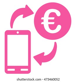 Euro Mobile Exchange icon. Vector style is flat iconic symbol with rounded angles, pink color, white background.