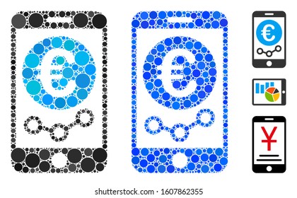 Euro mobile market monitoring mosaic of filled circles in variable sizes and shades, based on Euro mobile market monitoring icon. Vector random circles are organized into blue mosaic.