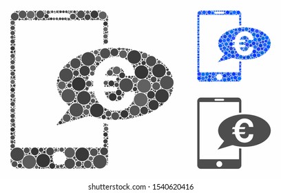 Euro mobile message composition of small circles in various sizes and color tints, based on Euro mobile message icon. Vector small circles are composed into blue composition.