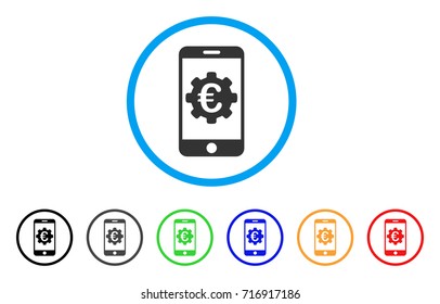 Euro Mobile Options icon. Vector illustration style is a flat iconic euro mobile options grey rounded symbol inside light blue circle with black, gray, green, blue, red, orange color variants.