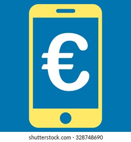 Euro Mobile Payment vector icon. Style is bicolor flat symbol, yellow and white colors, rounded angles, blue background.